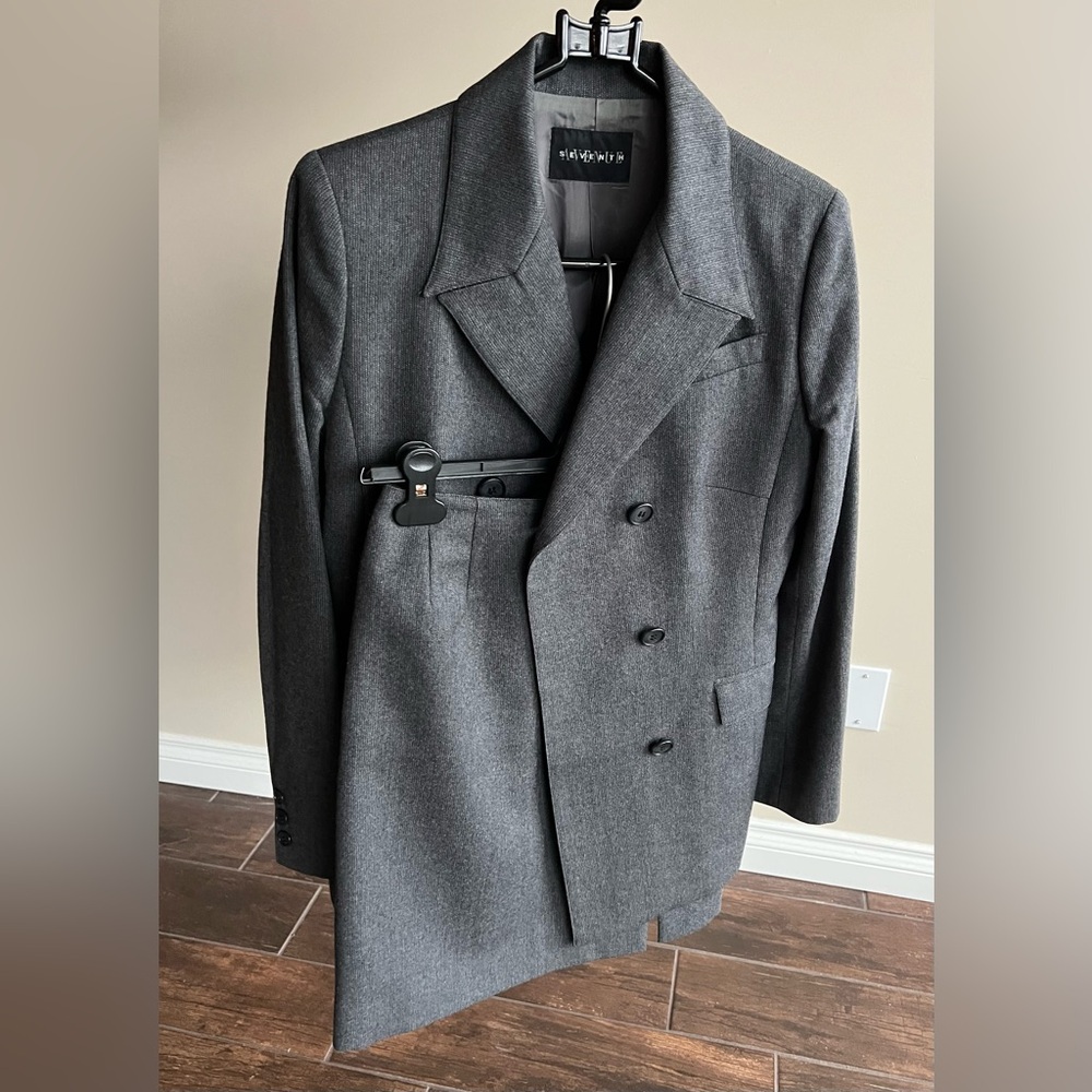 100% Wool Textured Double-Breasted Blazer and Skirt Set